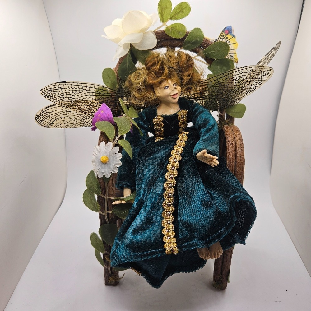 Vintage Fairy Doll Sitting on Twig Bench Chair Woodland Decor Wings Green‎ Dress